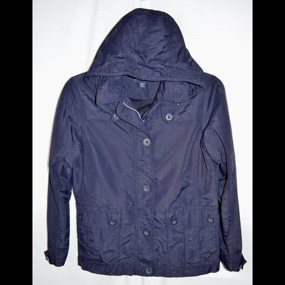 Lands' End Whirlwind Hooded Jacket Navy Zip/Button Storm Flap Front Women XS 2-4